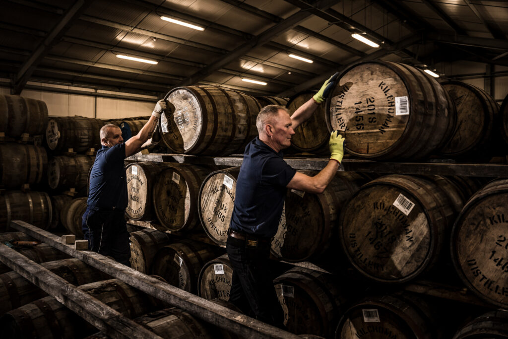Derek stowing Kilchoman casks in the dunnage warehouse at the distillery