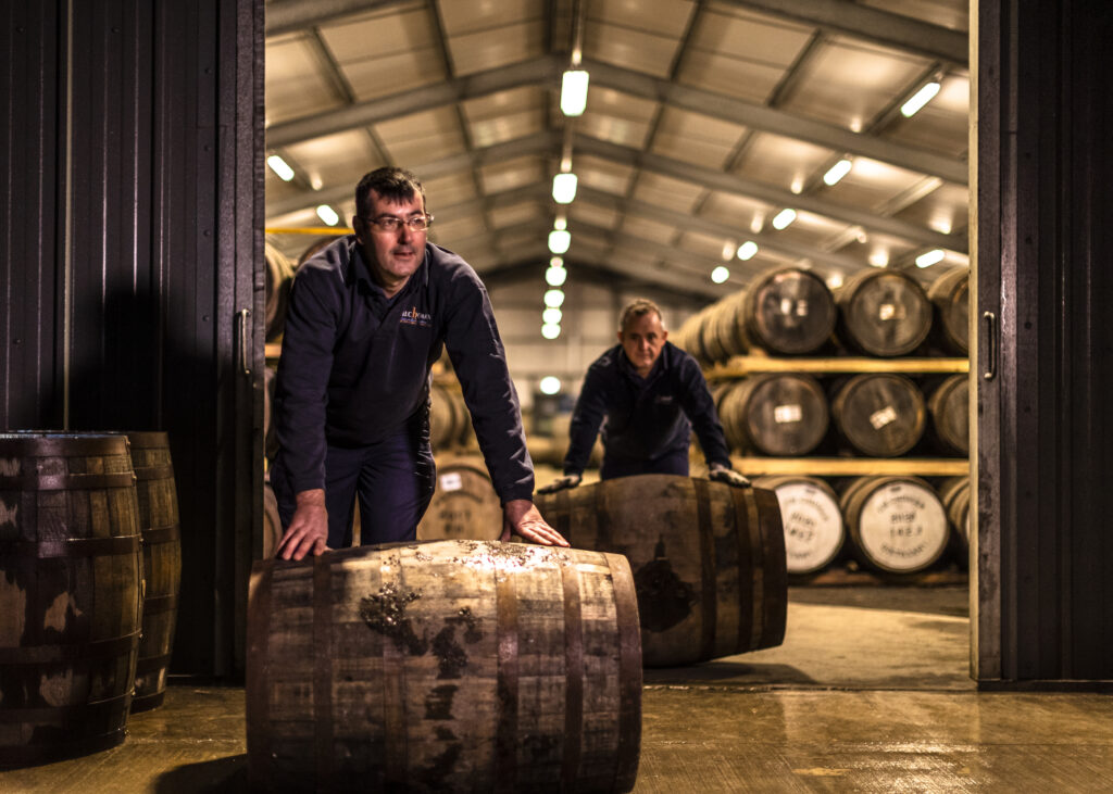Rolling casks in the dunnage warehouse at Kilchoman